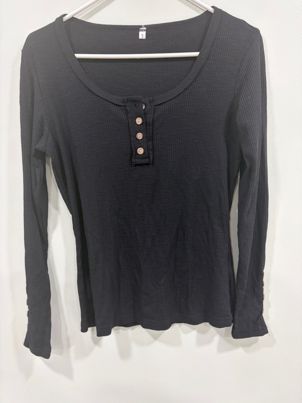 Long-Sleeve Black Ribbed Henley Top
